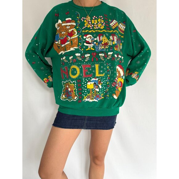 80s vintage green christmas teddy bear graphic ugly holiday pullover sweater - Picture 3 of 9